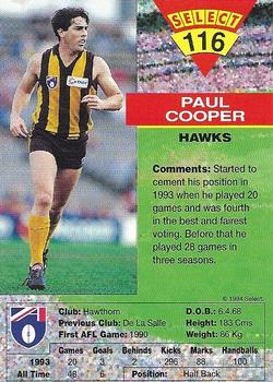 1994 Select AFL #116 Paul Cooper Back